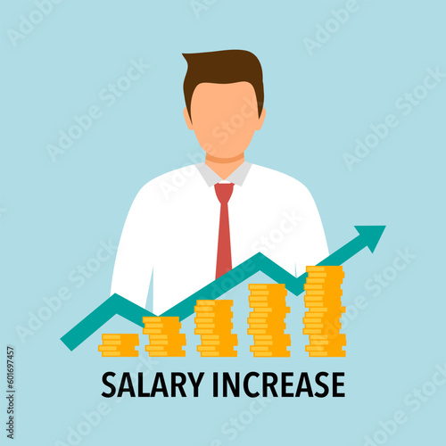 Employee salary increase concept vector illustration. Businessman, stack of coins and rising arrow in flat design.