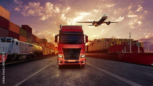 Transportation worldwide by ship, plane, train and truck. Concept of logistics. Cinematic view.
