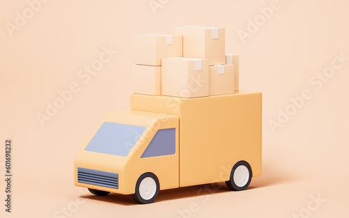 Truck and cargo box with cartoon style, 3d rendering.