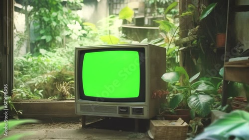 Retro tube tv, 70s television with a green screen in a in the greenhouse.