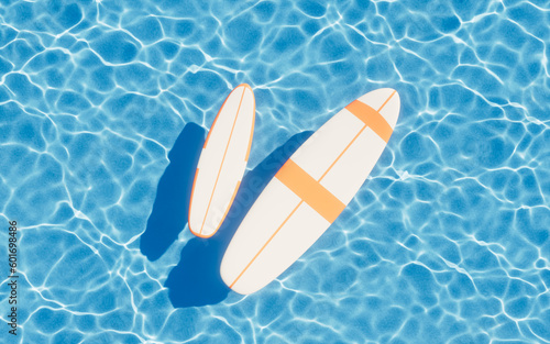 Surfboard and flowing water surface, 3d rendering.
