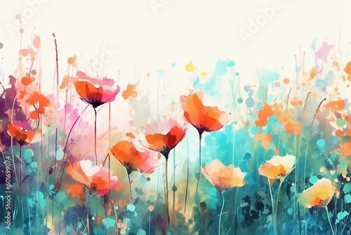 Colorful Flowers and Splatters Over White, Light Orange and Sky-Blue Style, Illustration for Various Purposes, Generative AI