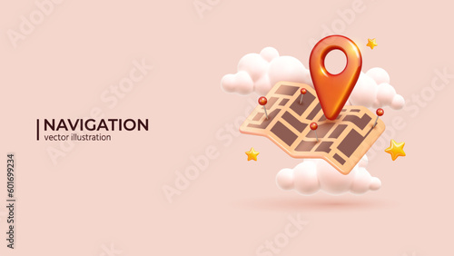 Red navigation pin on paper map - Travel concept. 3D Realistic creative conceptual symbol of search concept in cute cartoon style. Vector illustration