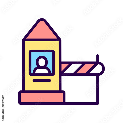 Land border checkpoint RGB color icon. Inspection and control. Crossing country border. Isolated vector illustration. Simple filled line drawing. Editable stroke. Pixel perfect. Arial font used