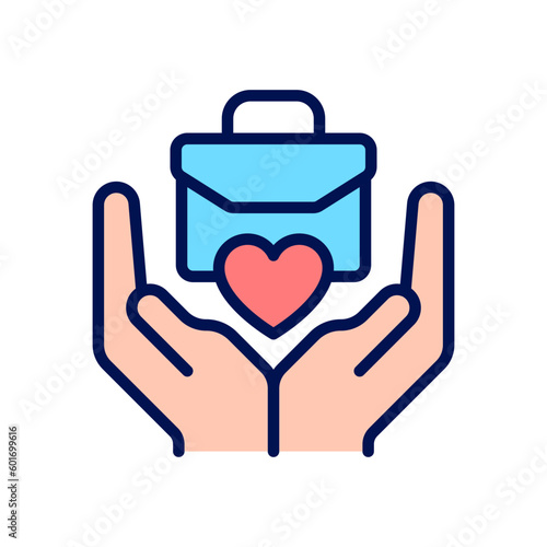Social responsibility pixel perfect RGB color icon. Workplace giving program. Philanthropic efforts. Isolated vector illustration. Simple filled line drawing. Editable stroke. Arial font used