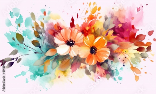Flower Watercolor Illustration  Orange and Magenta with Light Maroon and Teal Accents  Generative AI