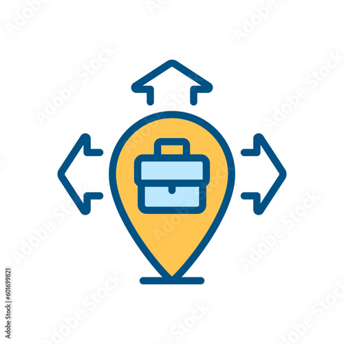 Business expansion pixel perfect RGB color icon. Company growth strategy. Expand to new locations. Isolated vector illustration. Simple filled line drawing. Editable stroke. Arial font used