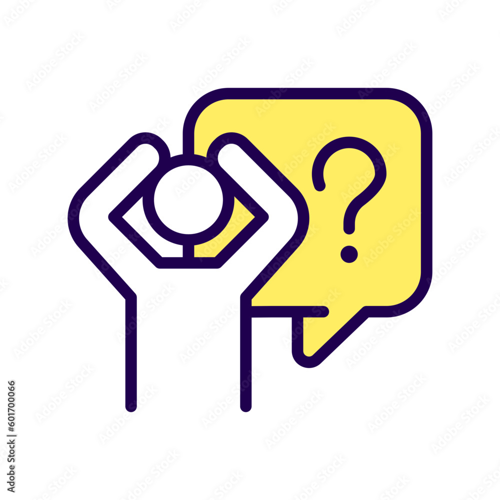 Fear RGB color icon. Scared person with difficult question. Depression and mental disorder. Isolated vector illustration. Simple filled line drawing. Editable stroke. Arial font used Fear RGB color icon. Scared person with difficult question. Depression and mental disorder. Isolated vector illustration. Simple filled line drawing. Editable stroke. Arial font used
