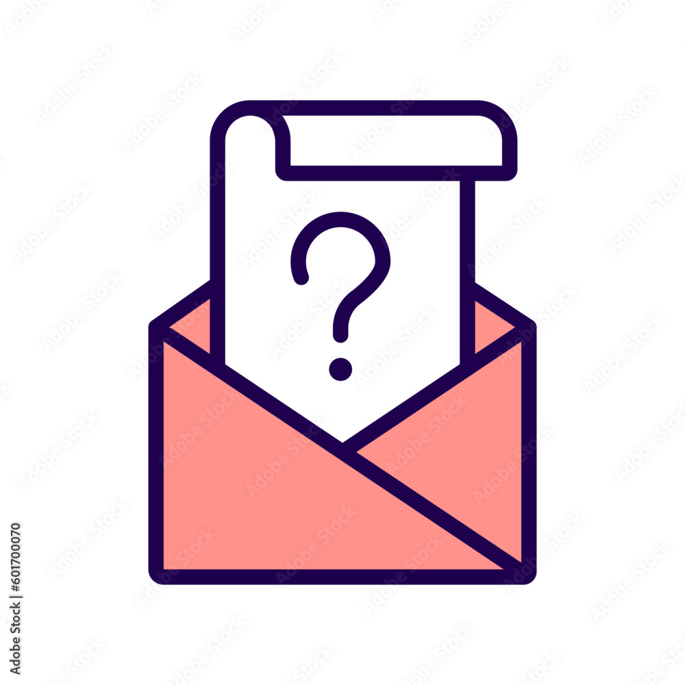 Mail question RGB color icon. Envelope and letter with question mark. Issue solution finding. Isolated vector illustration. Simple filled line drawing. Editable stroke. Arial font used Mail question RGB color icon. Envelope and letter with question mark. Issue solution finding. Isolated vector illustration. Simple filled line drawing. Editable stroke. Arial font used