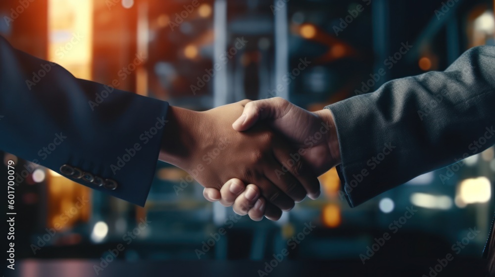 Two businessman handshake for teamwork with partner to celebration partnership and business deal concept. Successful businessmen handshaking after good deal. Generative AI