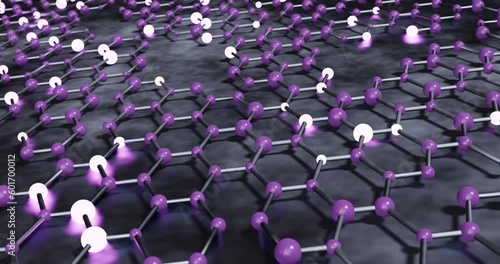 Neuronales Netzwerk für künstliche Intelligenz.
3D-Video Rendering der Graphenoberfläche, lila und weiße Atome mit Bindungen entstehen und erweitern sich mit glänzender Kohlenstoffstruktur