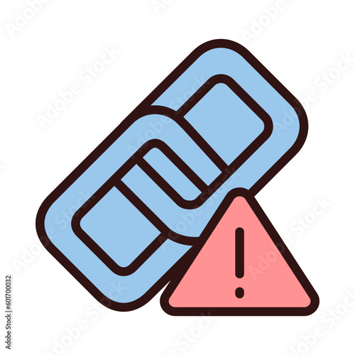 Wrong link pixel perfect RGB color icon. Broken hyperlink. Damaged connection. Redirecting failure. Isolated vector illustration. Simple filled line drawing. Editable stroke. Arial font used