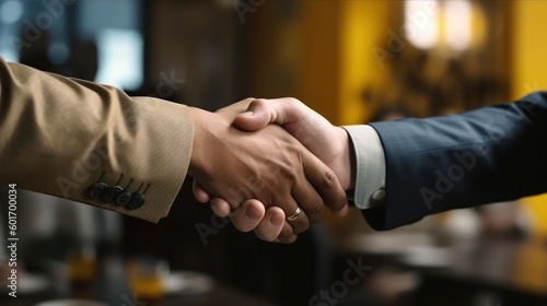 Two businessman handshake for teamwork with partner to celebration partnership and business deal concept. Successful businessmen handshaking after good deal. Generative AI