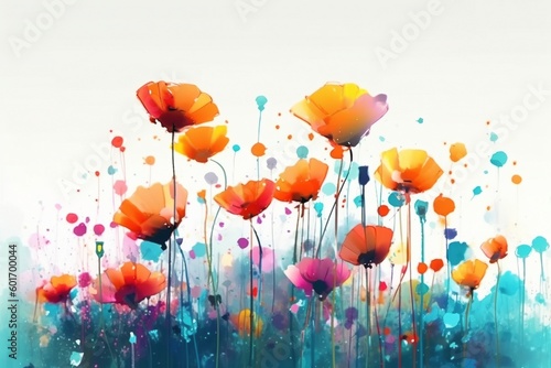 Colorful Flowers and Splatters Over White, Light Orange, and Pastel yellow background, Generative AI