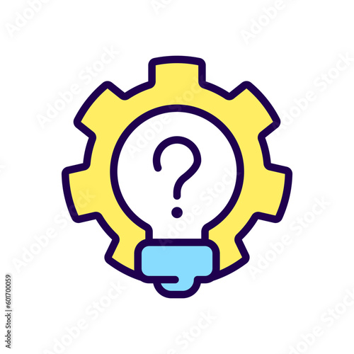 Creative question RGB color icon. Lightbulb and cogwheel. Invention work and innovation idea. Isolated vector illustration. Simple filled line drawing. Editable stroke. Arial font used