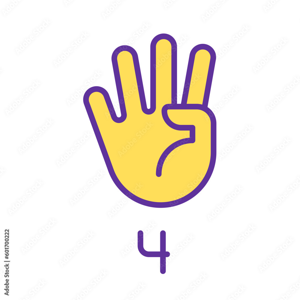 Digit four sign in ASL pixel perfect RGB color icon. Nonverbal communication performing. Modality. Isolated vector illustration. Simple filled line drawing. Editable stroke. Arial font used Digit four sign in ASL pixel perfect RGB color icon. Nonverbal communication performing. Modality. Isolated vector illustration. Simple filled line drawing. Editable stroke. Arial font used