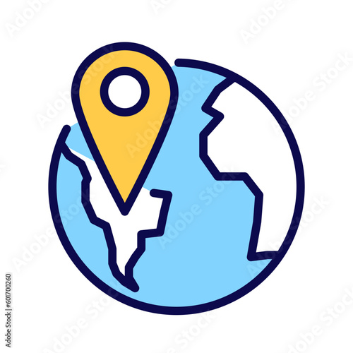 Globe with pin pixel perfect RGB color icon. Word navigation. Earth with destination mark. Isolated vector illustration. Simple filled line drawing. Editable stroke. Arial font used