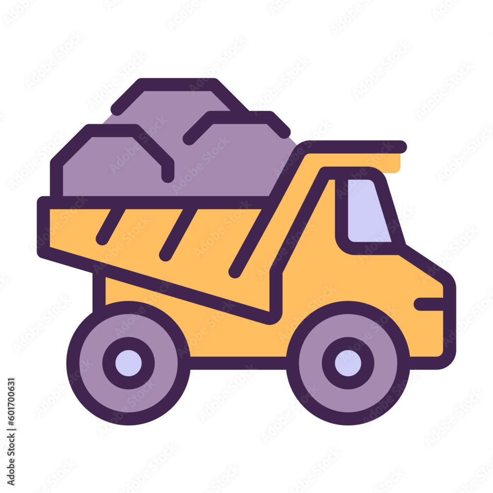 Dump truck pixel perfect RGB color icon. Dumper lorry. Heavy materials transportation. Vehicle. Coal mining industry. Isolated vector illustration. Simple filled line drawing. Editable stroke Dump truck pixel perfect RGB color icon. Dumper lorry. Heavy materials transportation. Vehicle. Coal mining industry. Isolated vector illustration. Simple filled line drawing. Editable stroke