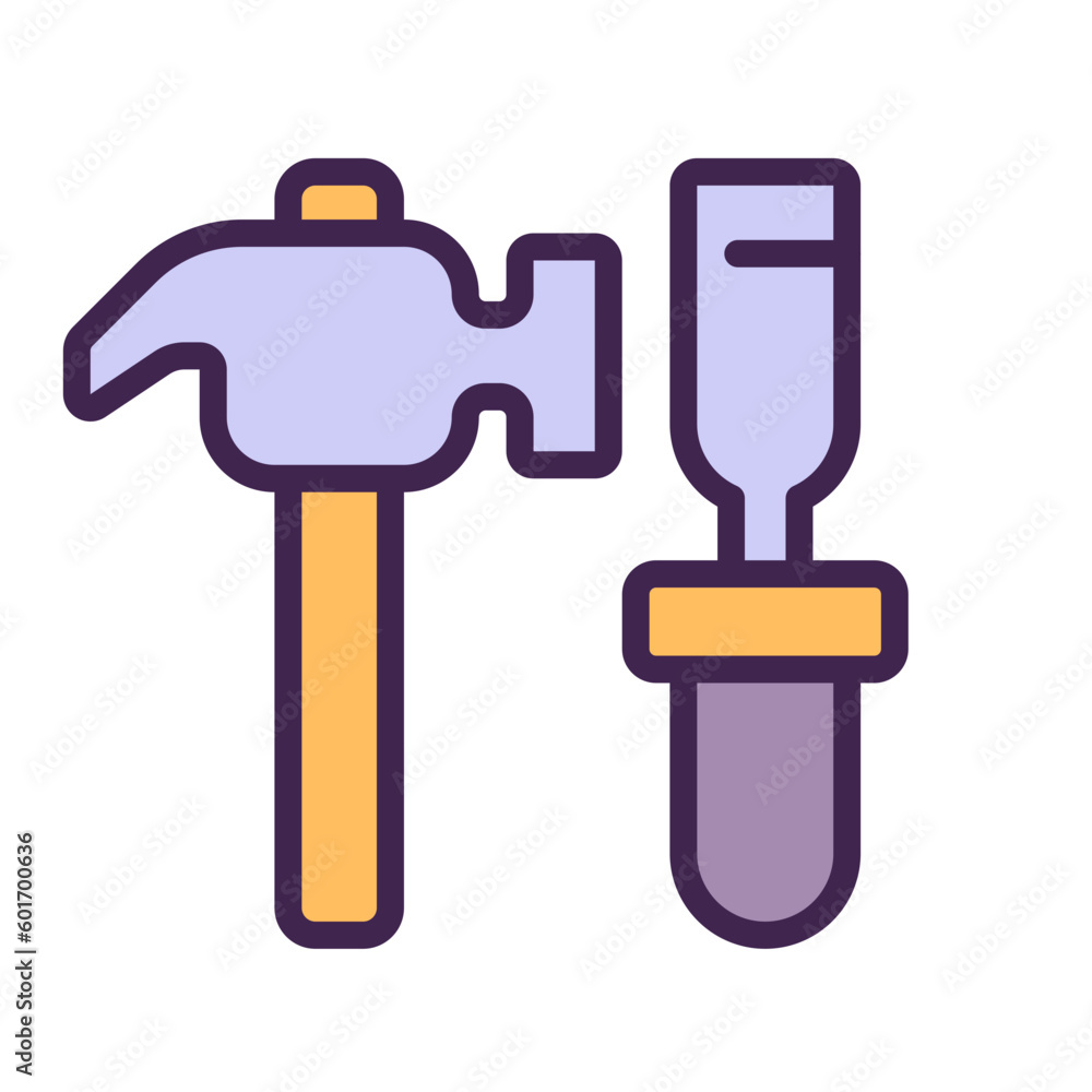 Hammer and chisel pixel perfect RGB color icon. Manual instruments for miners. Ore extraction. Coal mining. Heavy industry. Isolated vector illustration. Simple filled line drawing. Editable stroke Hammer and chisel pixel perfect RGB color icon. Manual instruments for miners. Ore extraction. Coal mining. Heavy industry. Isolated vector illustration. Simple filled line drawing. Editable stroke
