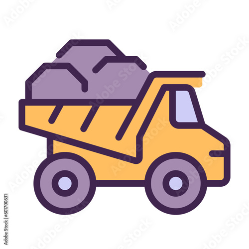 Dump truck pixel perfect RGB color icon. Dumper lorry. Heavy materials transportation. Vehicle. Coal mining industry. Isolated vector illustration. Simple filled line drawing. Editable stroke