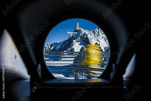 view of the dent of geant from a telescope on helbronner peak on mont blanc
