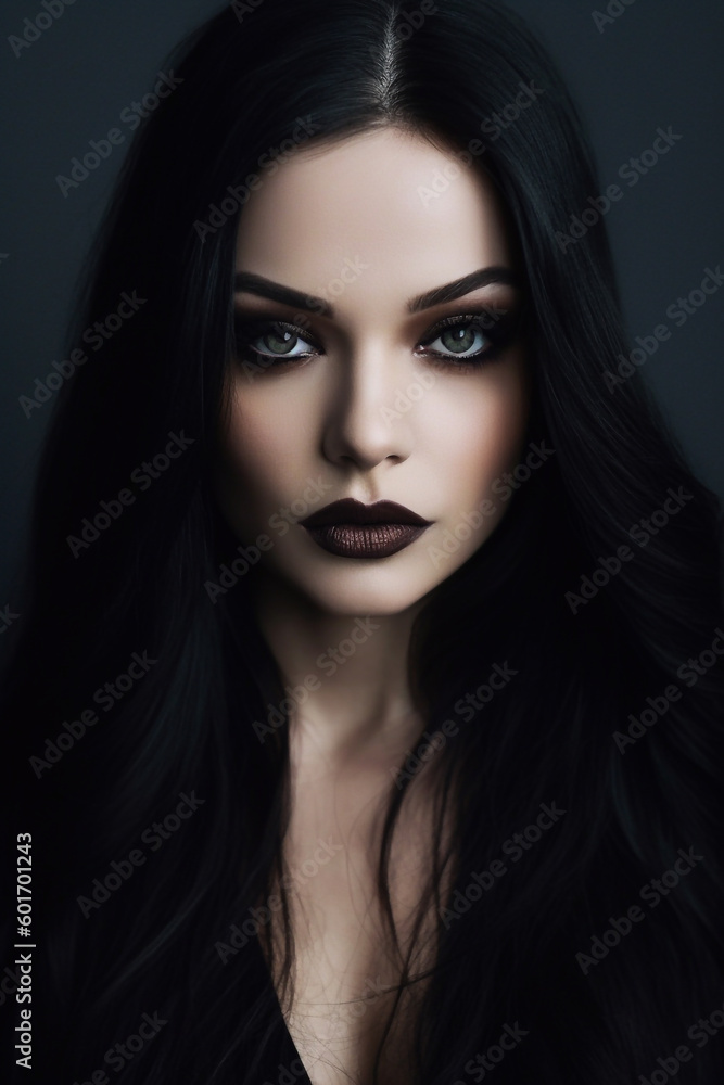Beautiful woman with long black hair and dark makeup, charming and gothic looking - ai generative