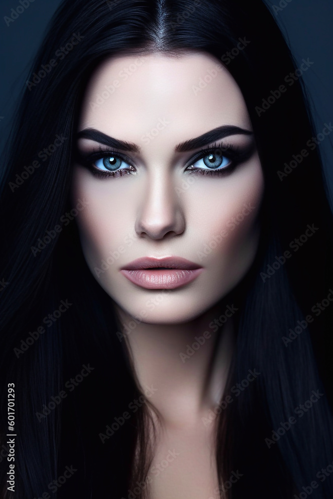 Beautiful woman with long black hair, deep blue yeyes and dark makeup - ai generative Beautiful woman with long black hair, deep blue yeyes and dark makeup - ai generative
