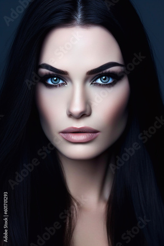 Beautiful woman with long black hair, deep blue yeyes and dark makeup - ai generative