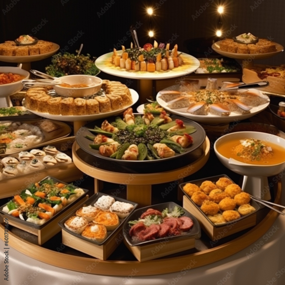 Free food buffet from a catering service. Generative AI.