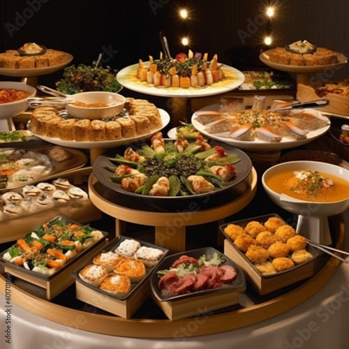 Free food buffet from a catering service. Generative AI.