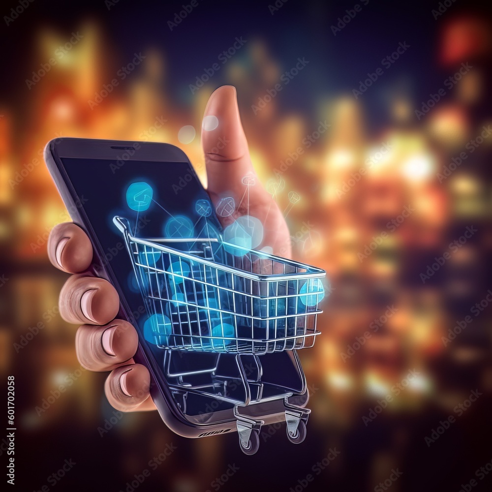 Online shopping with hand typing on mobile phone  shopping  online store concept, through online payment financial technology. Created by generative Ai
