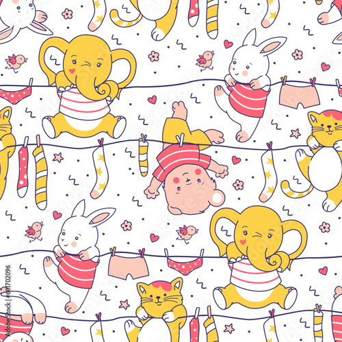 Funny seamless pattern with cute baby animals. Isolated cartoon background. Fun doodle style vector wallpaper. Characters and underwear drying on clothesline. Used for fabric, tile wrapping paper.