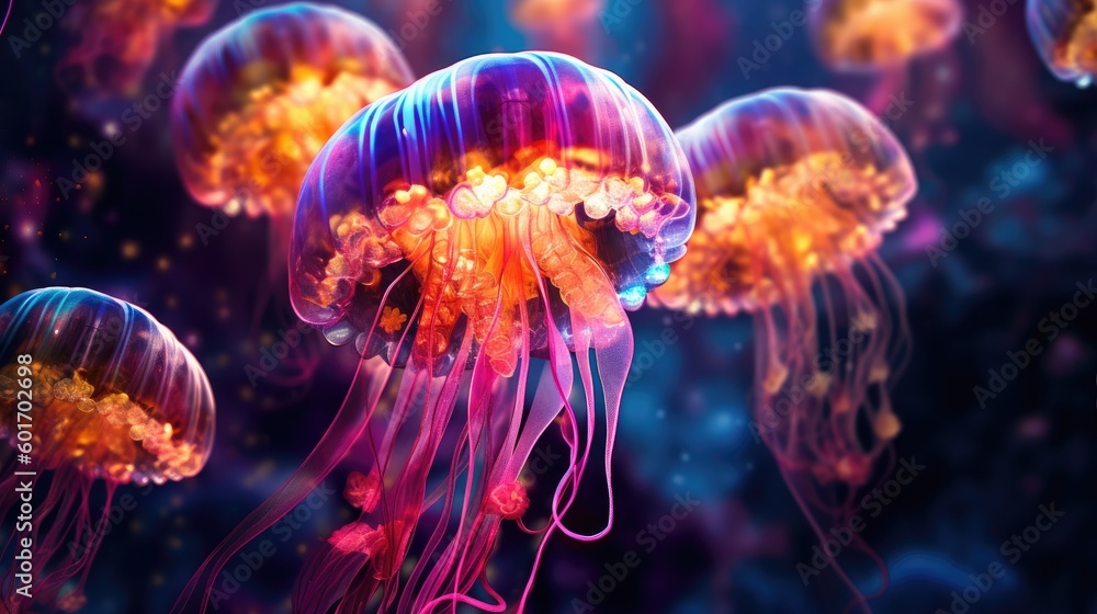 Fototapeta premium Neon glow Jellyfish in the wild. Generative AI