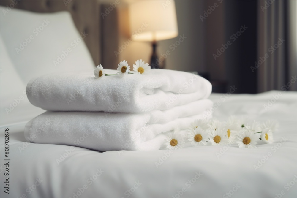comfortable flower spa welcome bed window bath modern towel bedchamber. Generative AI.