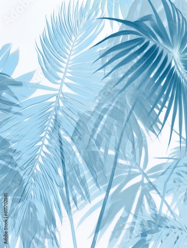 The backdrop of tropical leaves is dappled in varying shades of blue. This abstract design plays with light and shadow to create a natural texture. Bright  exotic spirit of summer. Generative AI.