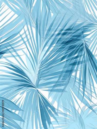 The backdrop of tropical leaves is dappled in varying shades of blue. This abstract design plays with light and shadow to create a natural texture. Bright  exotic spirit of summer. Generative AI.