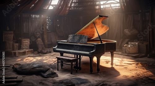A Grand piano in a abandoned destroyed room, left house, spooky mystical mood, after post-apocalyptic. Generative ai