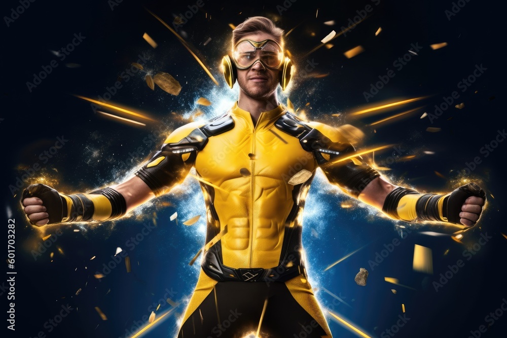 Sportive man plays video or computer game or is in metaverse with immersive technology virtual reality, VR headset, transforms in Superhero, Created with Generative AI
Sportive man plays video or computer game or is in metaverse with immersive technology virtual reality, VR headset, transforms in Superhero, Created with Generative AI