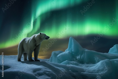 A large polar bear close-up in the Arctic at the North Pole in the snow against a background of green northern lights in the sky with stars  polar night  generative AI