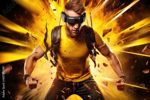 Sportive man plays video or computer game or is in metaverse with immersive technology virtual reality, VR headset, transforms in Superhero, Created with Generative AI
