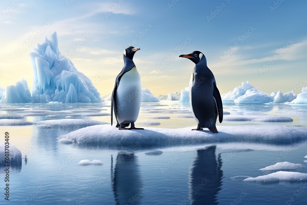 penguins stand on melting ice in Arctic Ocean at daytime, global warming concept, world global planet climate change. Two cute emperor penguins confused by ice melting. Generative AI