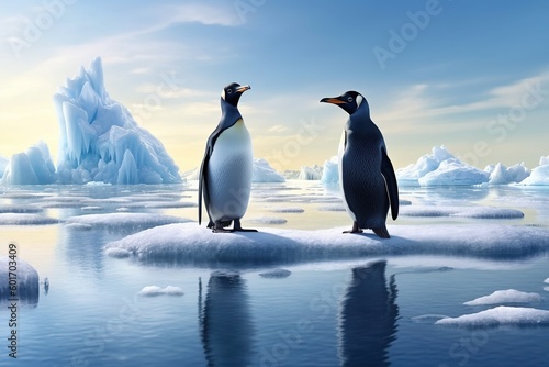 penguins stand on melting ice in Arctic Ocean at daytime  global warming concept  world global planet climate change. Two cute emperor penguins confused by ice melting. Generative AI