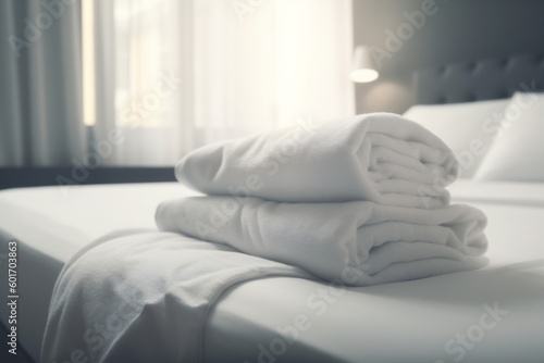 luxury home service white towel hotel resort fresh bed room. Generative AI.