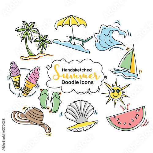 set of simple hand-sketched colored doodle icon ideas in a line art style for the summer season vector