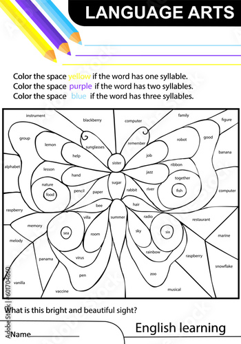 English learning. Butterfly. Task coloring the space if the word has one, two or three syllables. Language arts. Worksheet at school, home. Sketch vector illustration