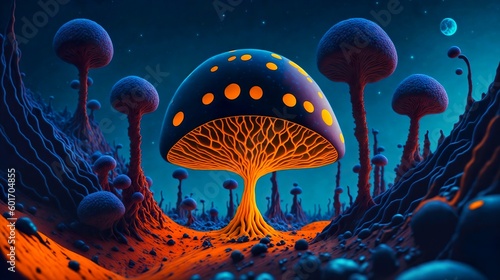 surreal alien landscape of a microscopic fungi, Generative AI