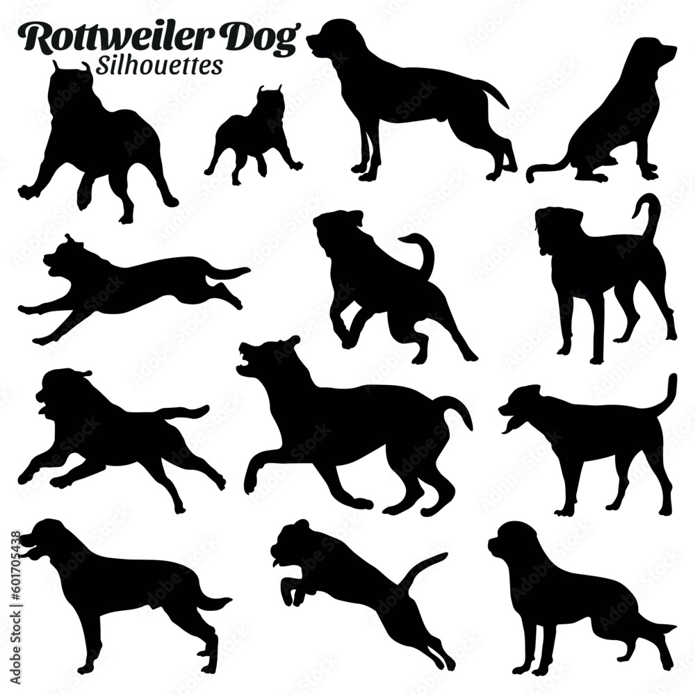 Rottweiler dog silhouette vector illustration set.