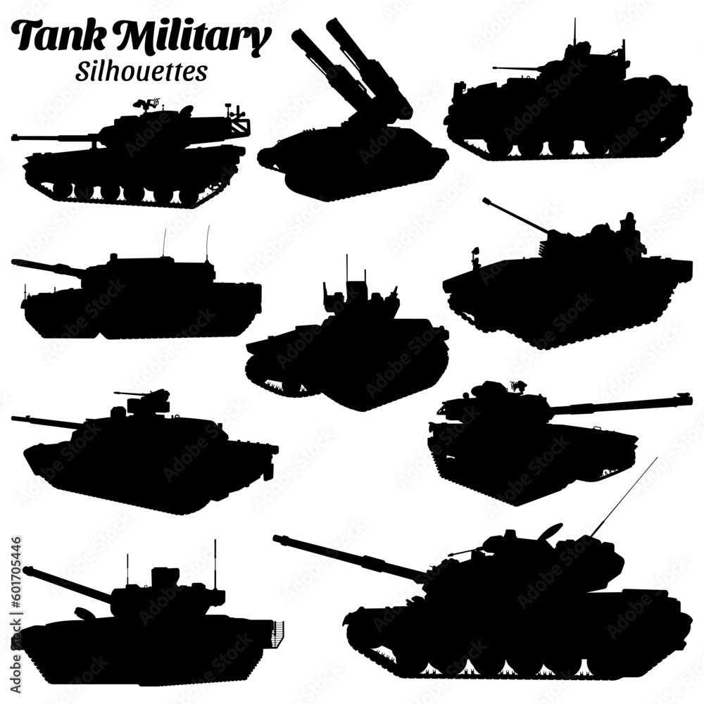 Tank military silhouette vector illustration set.