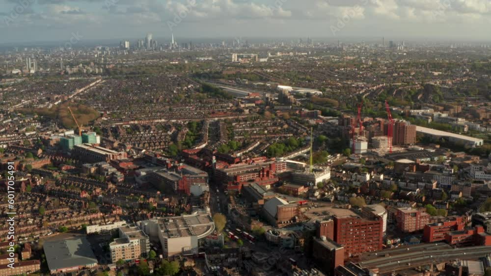 Aerial shot over Wood Green north London with Central City skyline in the background Aerial shot over Wood Green north London with Central City skyline in the background