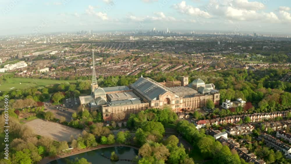 Aerial shot over Alexandra Palace towards London skyline Aerial shot over Alexandra Palace towards London skyline